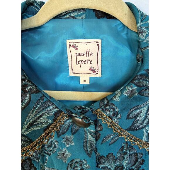 Nanette Lepore Blue Metallic Gold Floral Brocade Formal Jacket Blazer, M, 10 - Picture 3 of 6